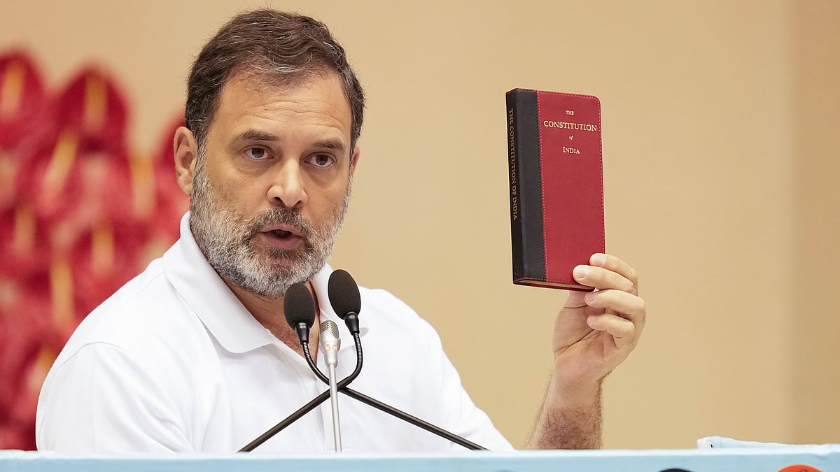 Rahul Gandhi addresses the Congress party's 'Annual Legal Conclave' in New Delhi, 2 Aug 2025 (photo: PTI)