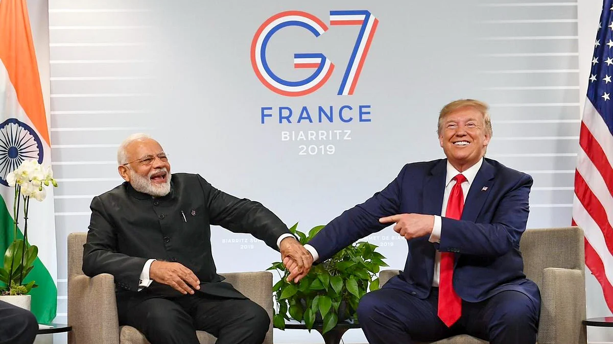 Modi and Trump sharing a candid moment at G7 meet. 
