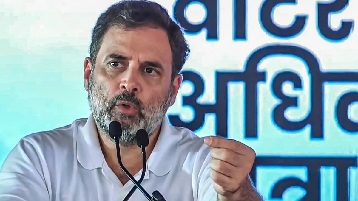 Rahul Gandhi addresses a gathering during 'Voter Adhikar Yatra' in Sasaram