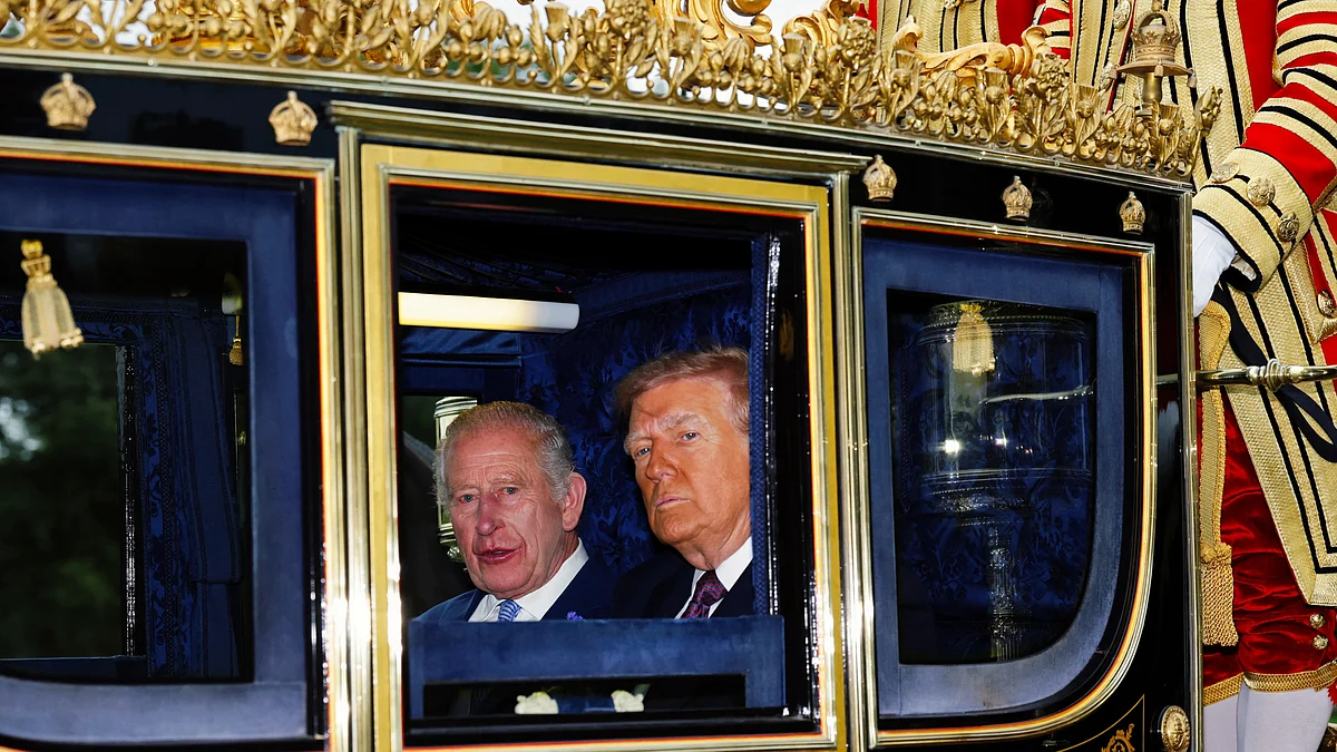 King Charles III and Donald Trump during a procession through Windsor Castle on 17 Sept