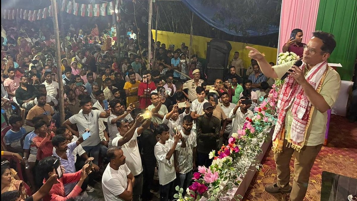 Gaurav Gogoi speaks during a political rally in Goraimari.