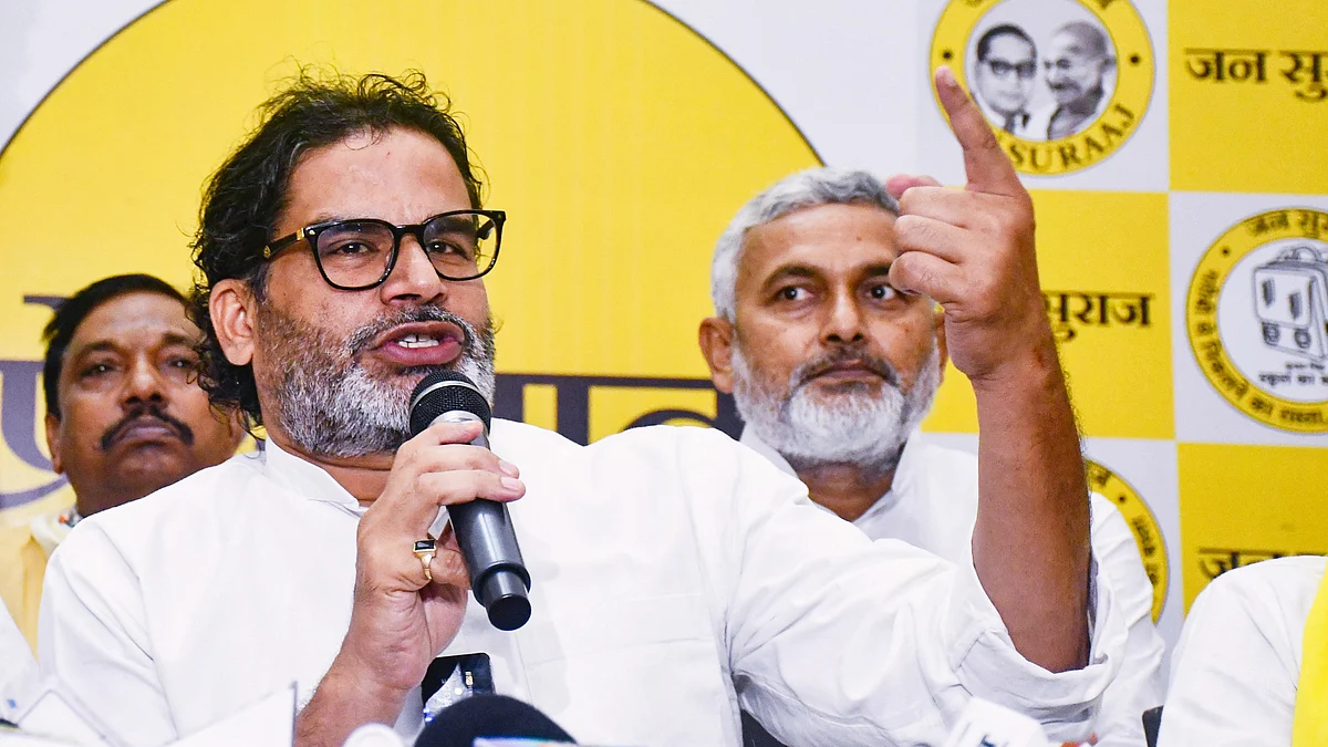 Jan Suraaj chief Prashant Kishor at a press conference in Patna.