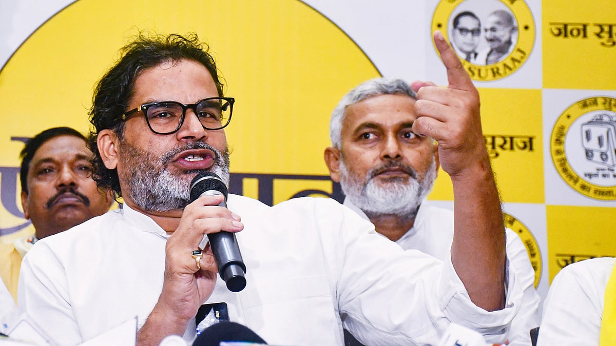 Jan Suraaj chief Prashant Kishor at a press conference in Patna.