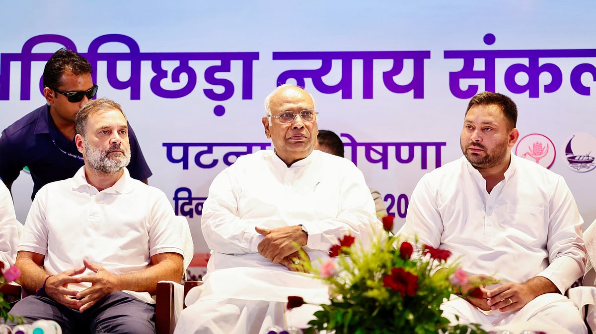 L-R: Rahul Gandhi, Mallikarjun Kharge, and Tejashwi Yadav at the launch of 'Ati Pichda Nyay Sankalp'