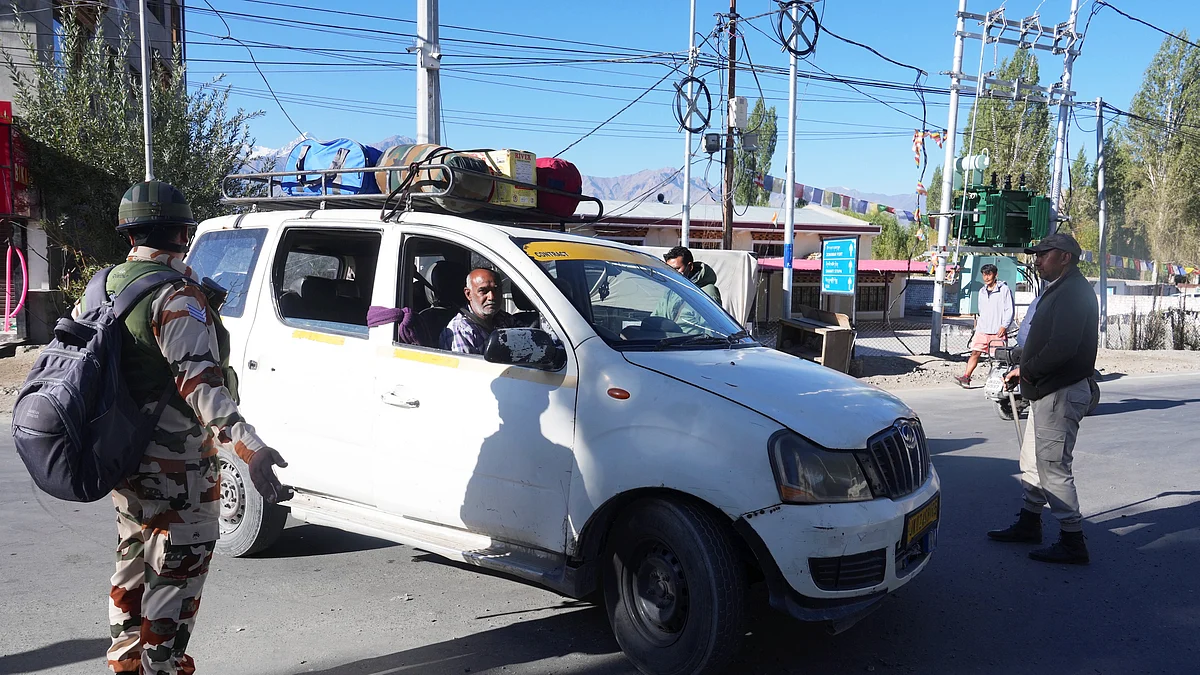 Security personnel check a vehicle in Leh, Ladakh.