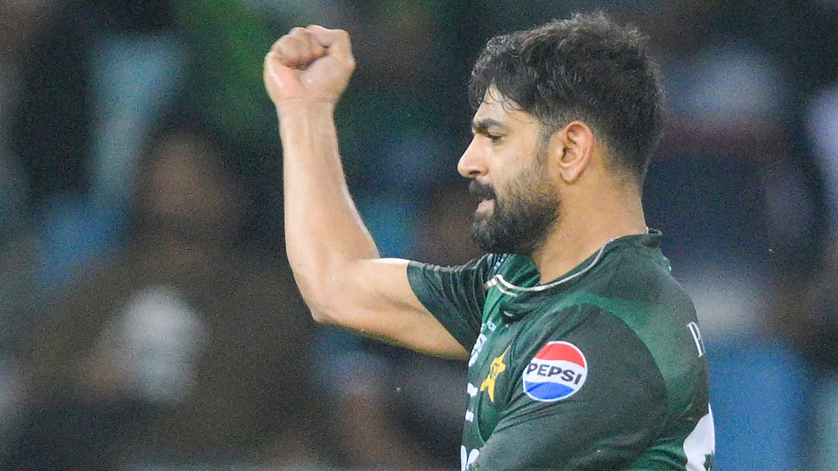 Haris Rauf celebrates during an Asia Cup match against Bangladesh