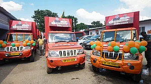 BJP election campaign vehicles parked at the party office in Patna