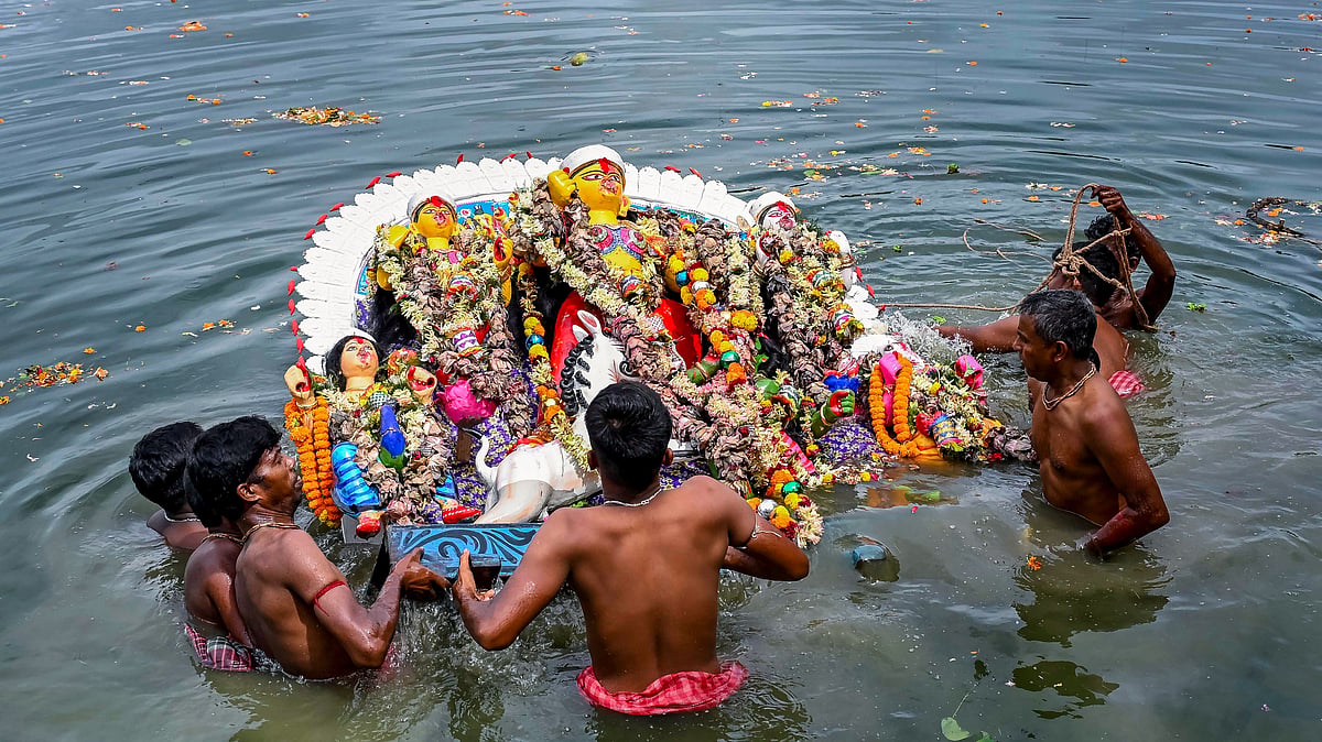 Bengal bids farewell to Durga as rains drench sindoor khela, pandal hopping