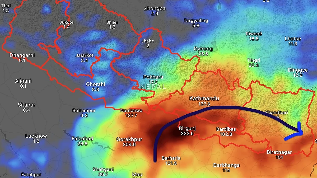 Total rain forecast for next two days in Nepal.