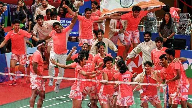 Indian players celebrate after beating S. Korea in the quarterfinal
