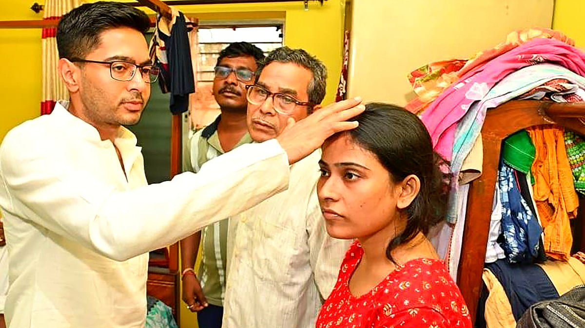 Abhishek Banerjee at the home of Pradeep Kar, who died by suicide allegedly in fear of the SIR