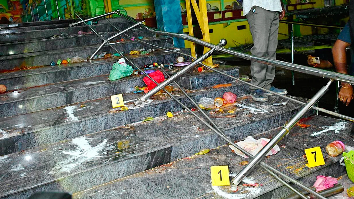Puja items strewn around at the Venkateswara temple after a stampede. (photo: PTI)