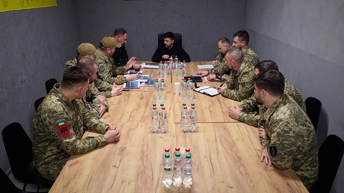 Ukrainian President Volodymyr Zelenskyy holds a meeting with servicemen