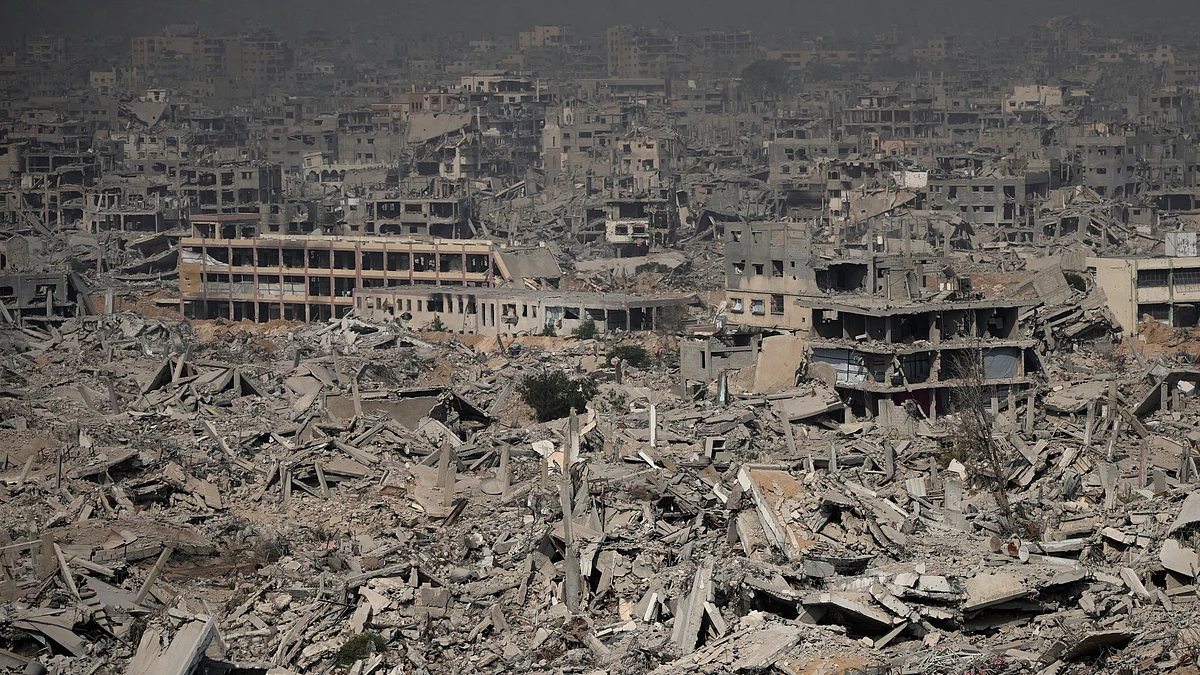 Buildings lie in rubble after Israeli bombardment in Gaza City.