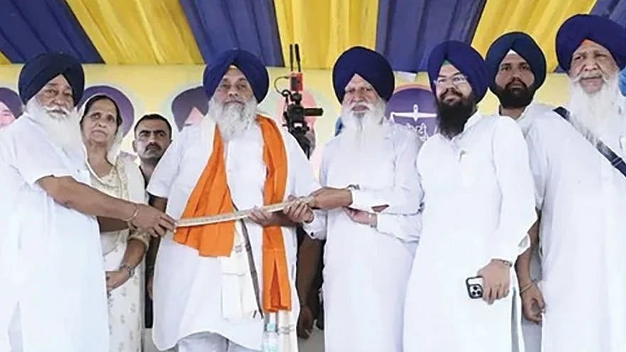 Shiromani Akali Dal president Sukhbir Singh Badal during a rally at Chabal village in Tarn Taran
