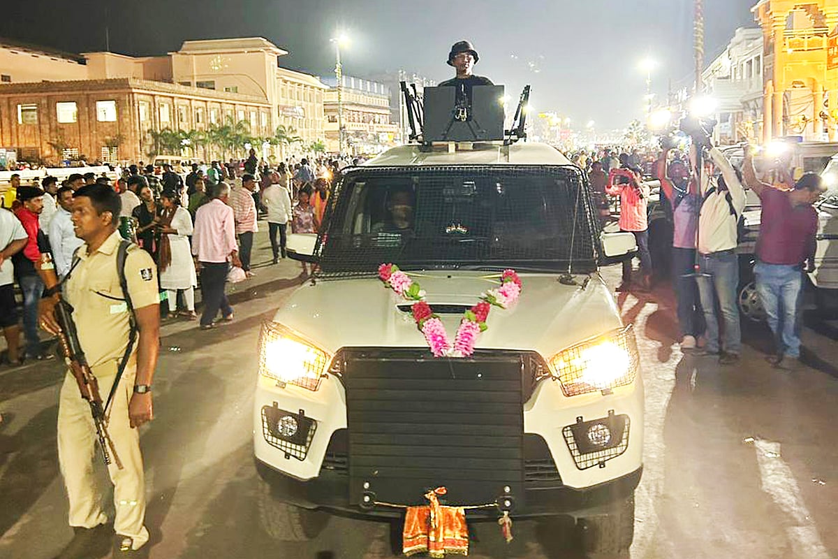 Security personnel patrol near the Jagannath Temple in Puri, Odisha