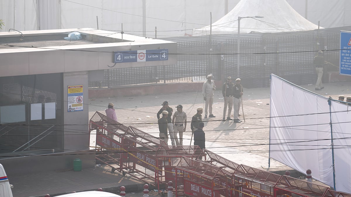 Police cordon off the area near Red Fort Metro Station.