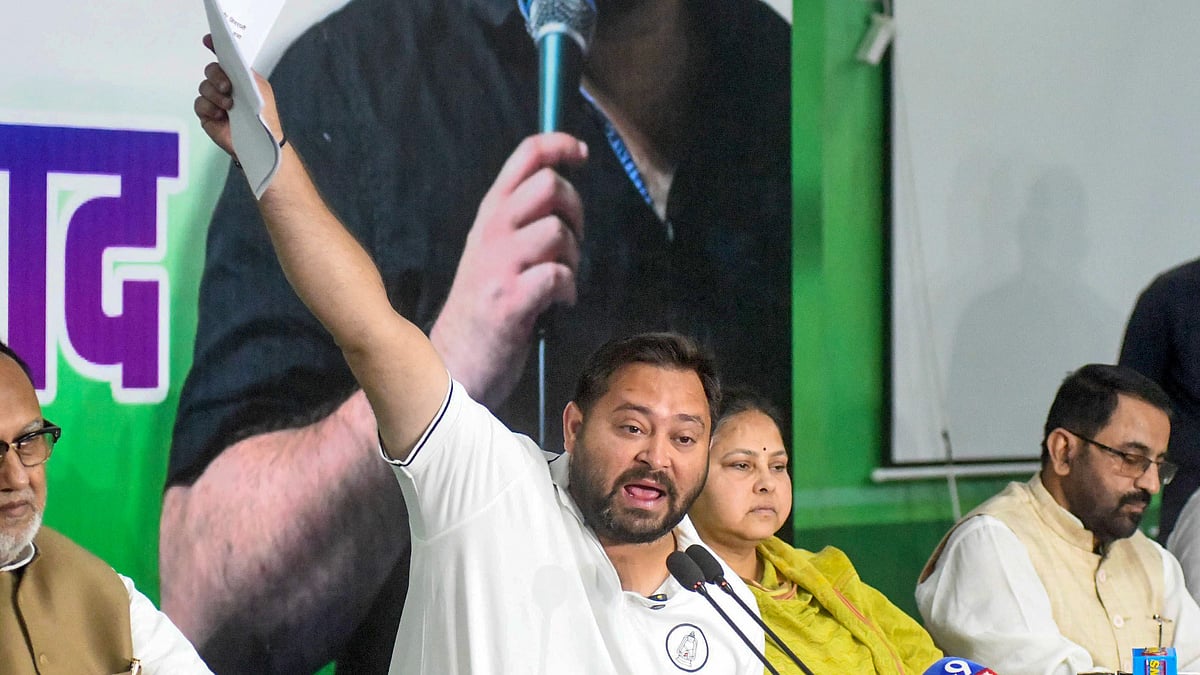 Tejashwi Yadav addresses a press conference in Patna.