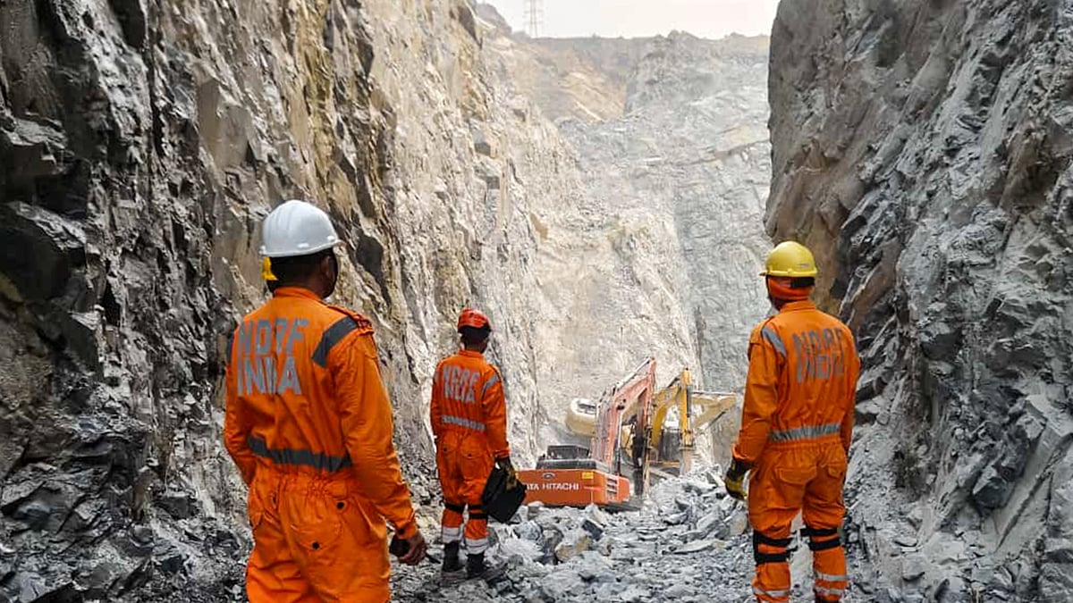 NDRF personnel during a rescue operation at the stone quarry in Sonbhadra