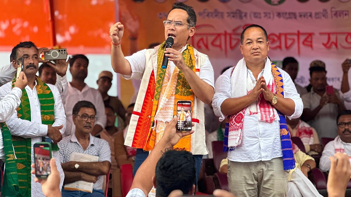 Gaurav Gogoi takes the stage at a public event in Assam.