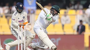 Senuran Muthusamy in action against India on Day 2 of the 2nd Test
