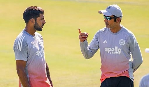 Gautam Gambhir in an animated discussion with Dhruv Jurel