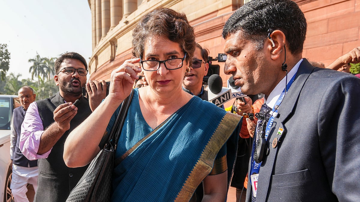 Priyanka Gandhi outside Parliament at the start of the winter session