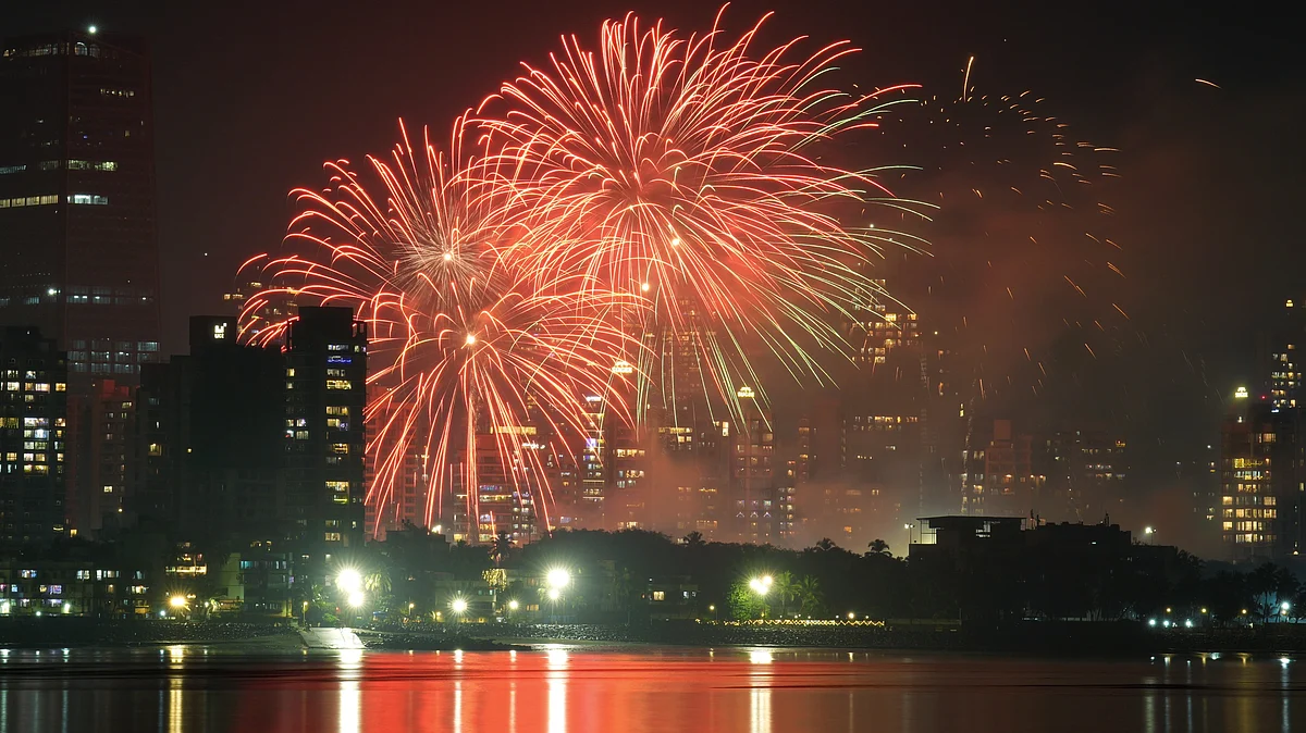 Mumbai skyline with fireworks