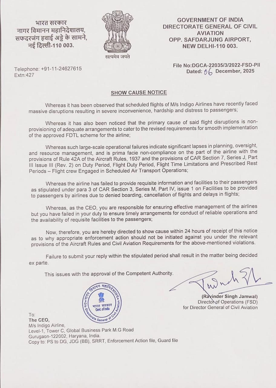 The DGCA notice issued to IndiGo