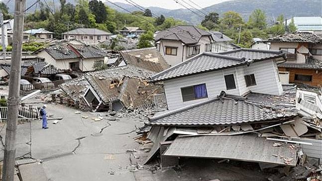 Buildings damaged after a powerful earthquake strikes Japan.
