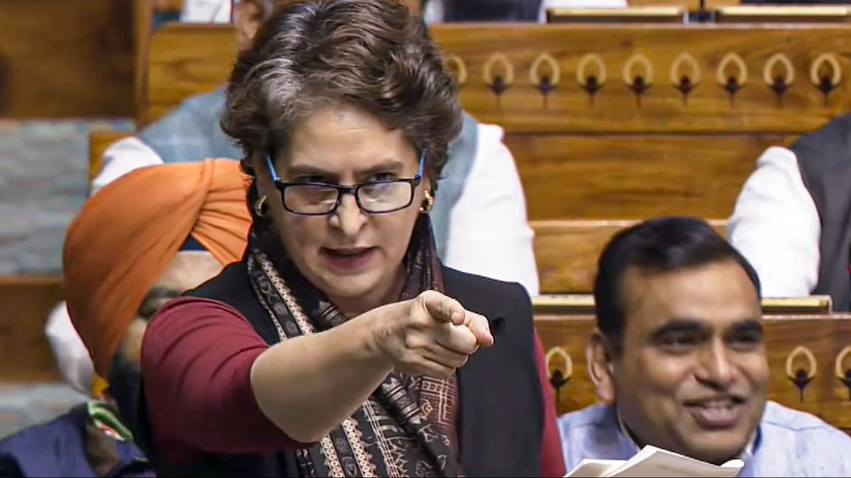 Priyanka Gandhi Vadra speaks at Lok Sabha in New Delhi.