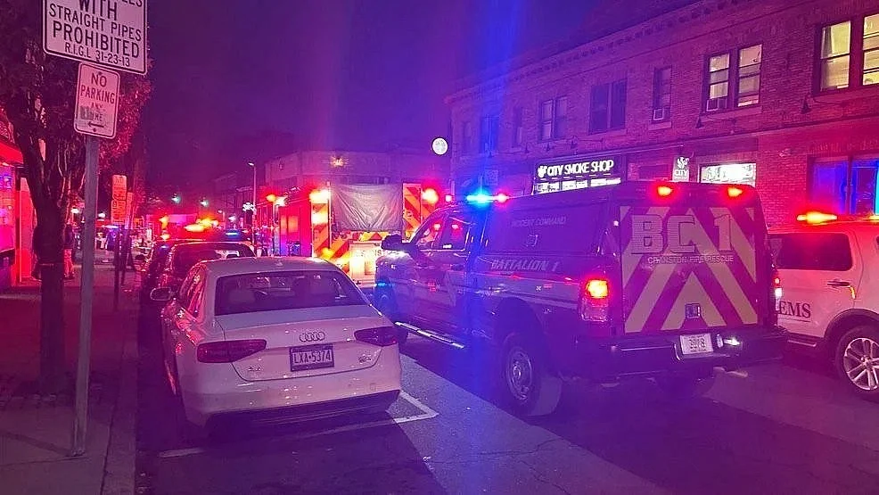 Police vehicles outside Brown University.