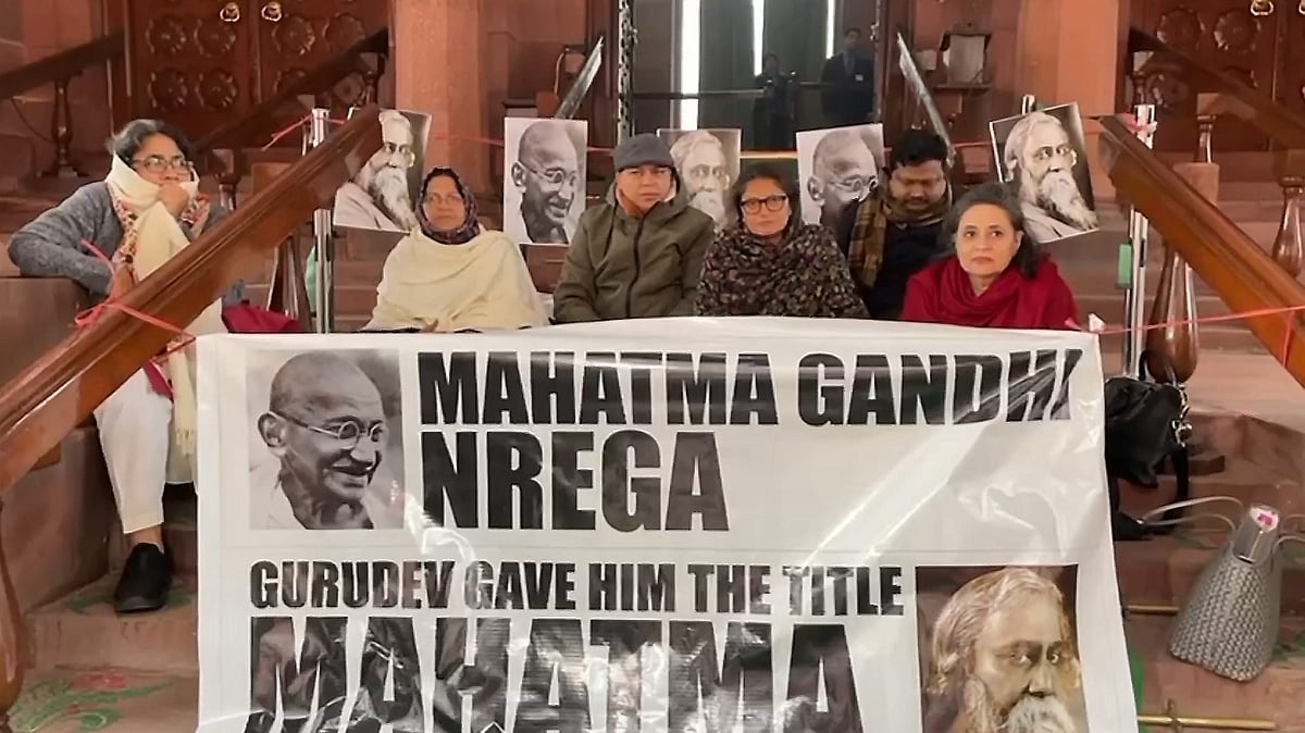 Opposition leaders staging a dharna at Parliament House complex in New Delhi.