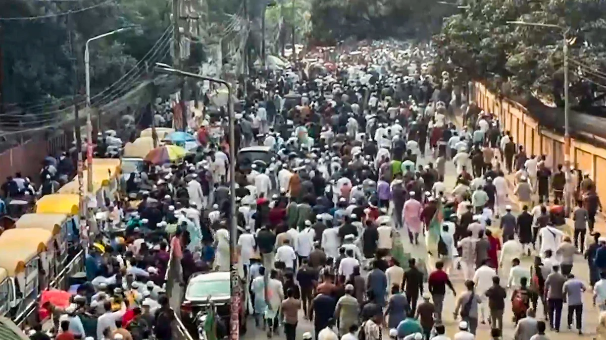 People gathered for the funeral of Sharif Osman Hadi in Dhaka. (Photo: PTI)