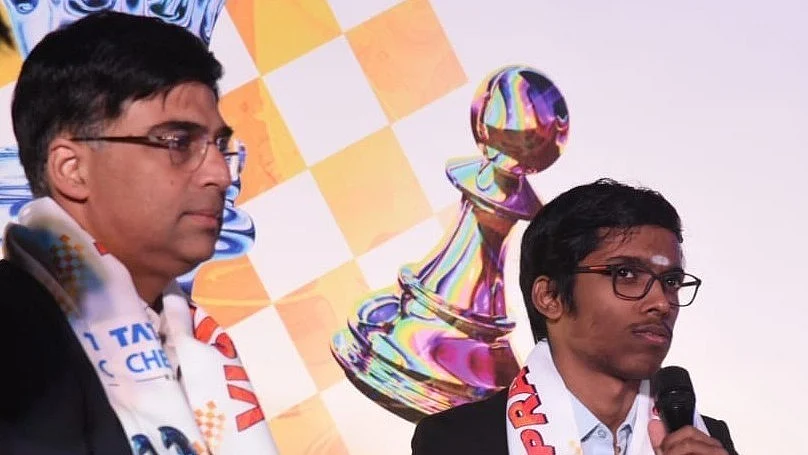 Vishy Anand (left) and Pragg at the draw ceremony on Tuesday