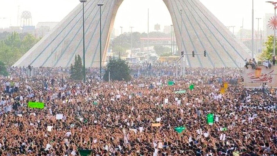 A massive crowd of protesters gathered at Tehran's Azadi Tower