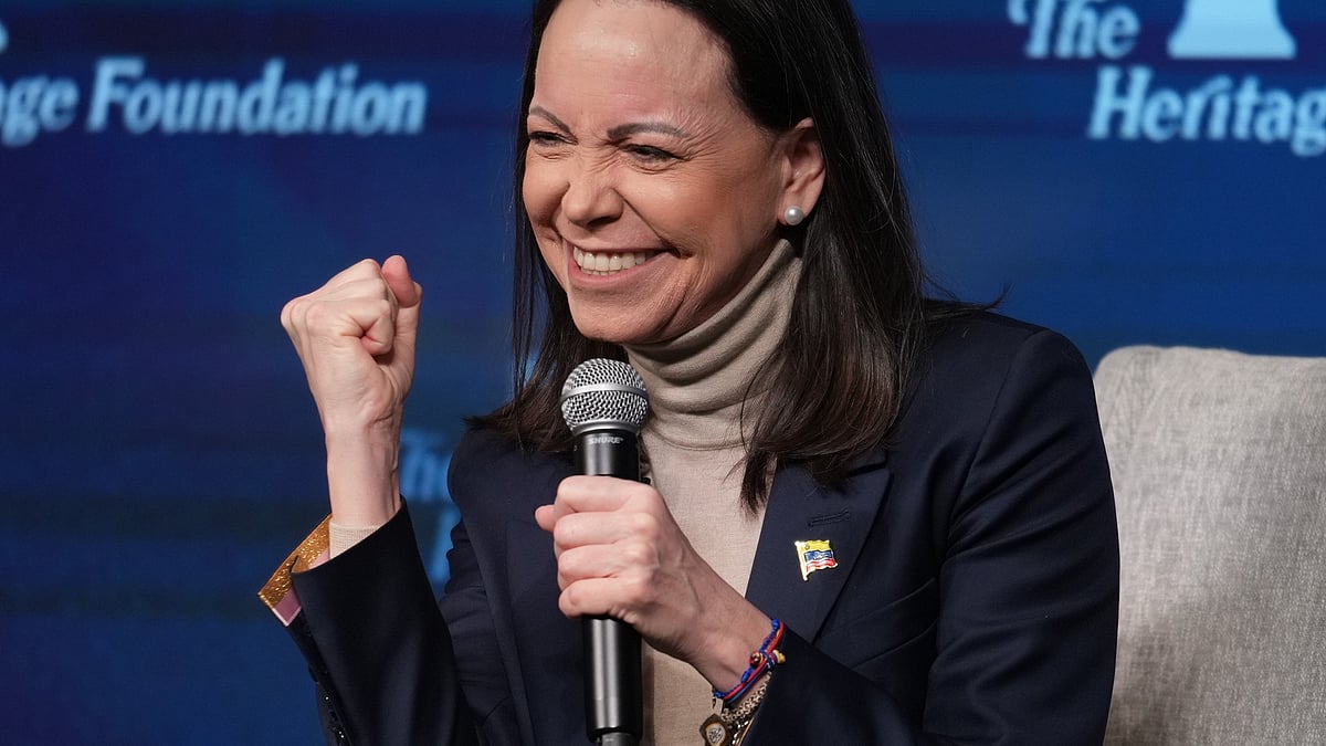 Venezuelan leader Maria Corina Machado speaks at the Heritage Foundation in Washington.