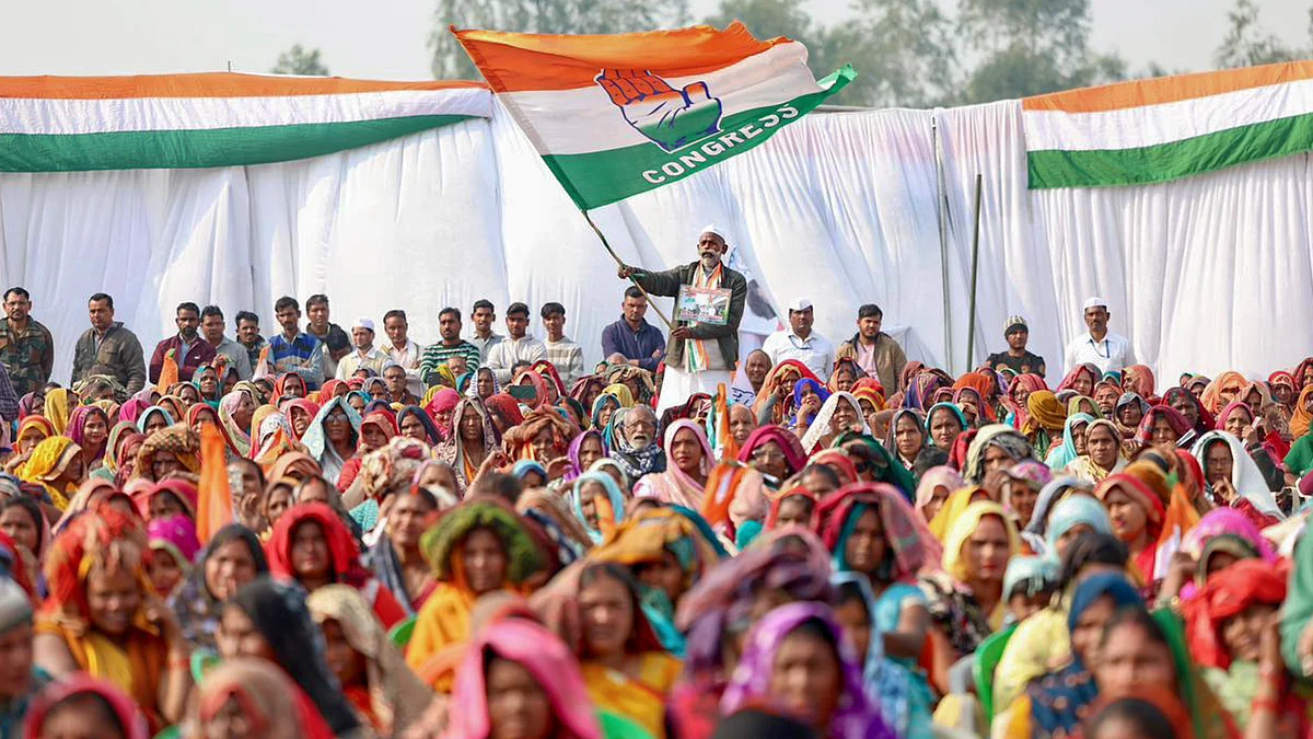 People attend Rahul Gandhi’s address at an ‘MGNREGA Chaupal’ in Raebareli.