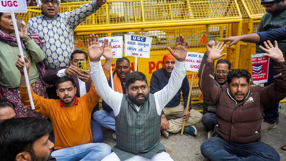 Students protest outside UGC office in New Delhi on 27 January