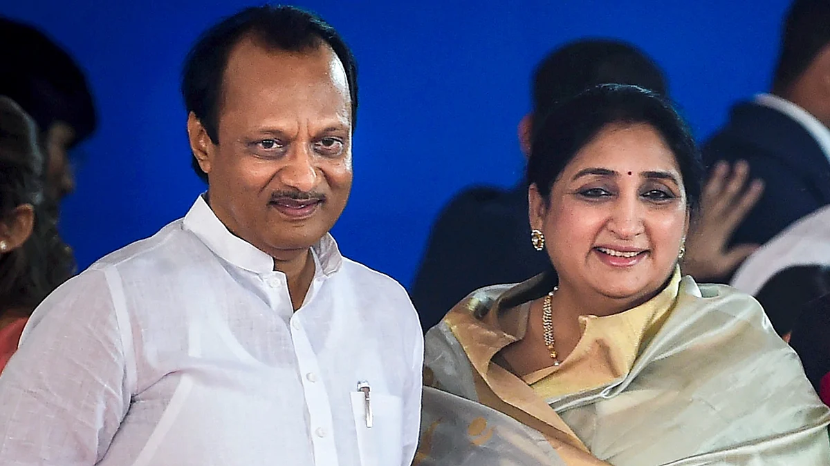 File photo from 2019 of Ajit and Sunetra Pawar at Vidhan Bhavan, Mumbai
