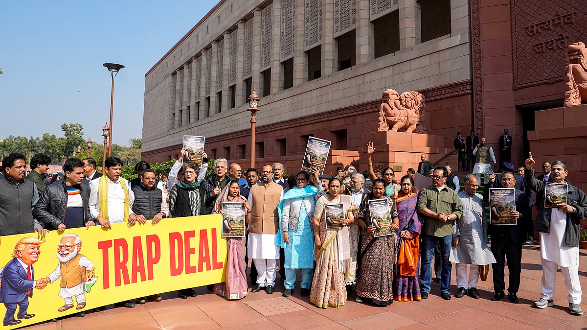 Opposition MPs stage a protest at Parliament House complex in New Delhi.