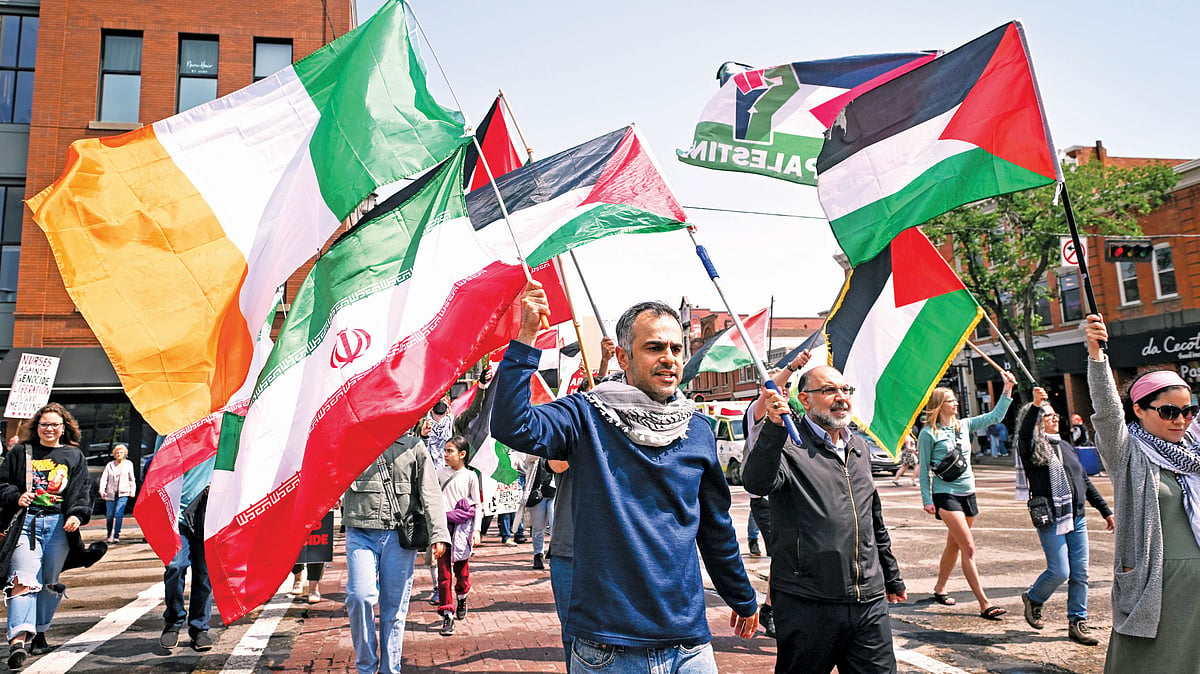 Members of the Palestinian diaspora, joined by Iranian and other West Asians at a protest in Canada