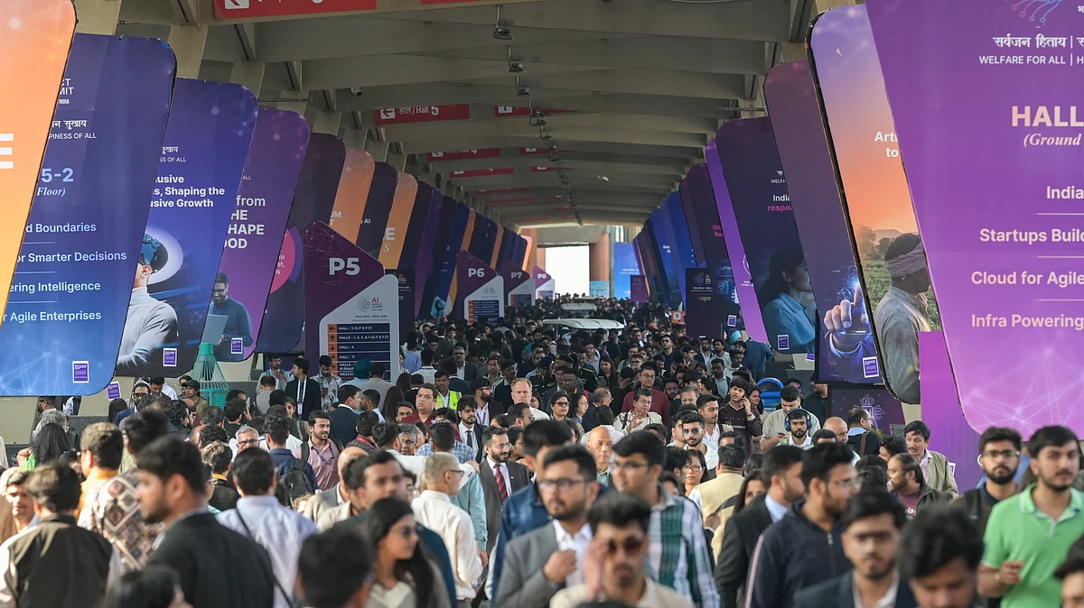 Visitors during the India AI Impact Summit 2026, at Bharat Mandapam, in New Delhi.