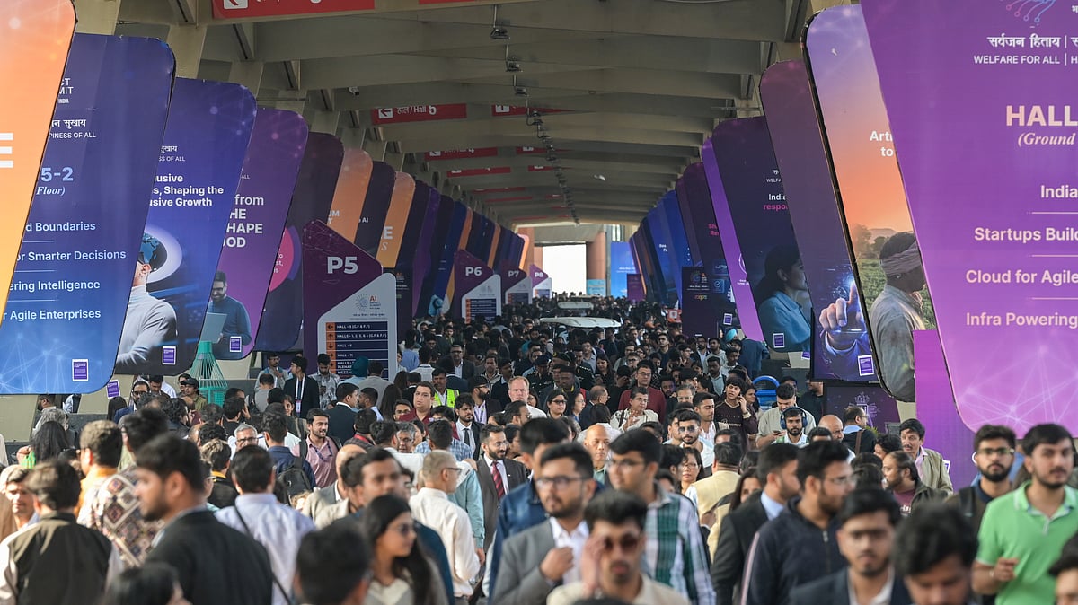 Visitors during the India AI Impact Summit 2026, at Bharat Mandapam, in New Delhi.