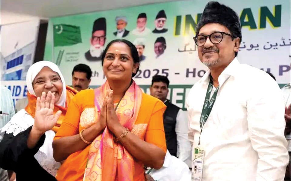 Advocate A.P. Smiji, the Dalit Hindu chosen as the Muslim League’s first woman national office-bearer; rations being distributed from a mosque courtyard; Muslim devotees at the Kasargod temple festival