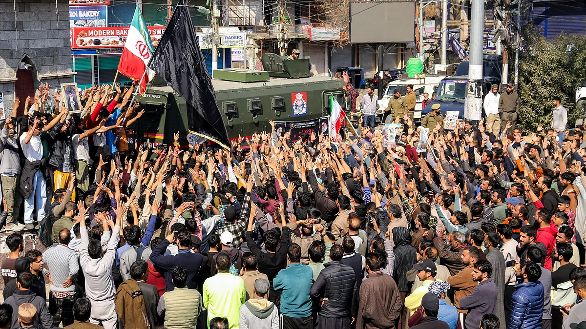 A protest march in Pulwama against the killing of Ayatollah Ali Khamenei.