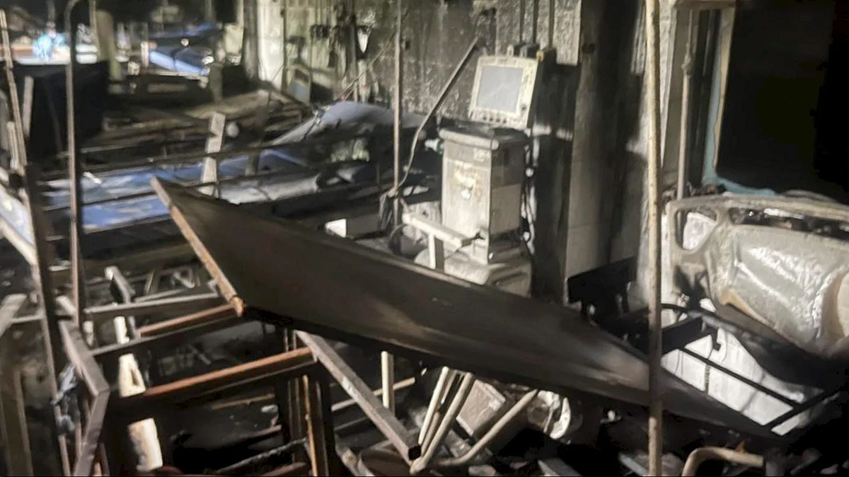 Charred remains inside an ICU room after a major fire at a state-run hospital in Cuttack.