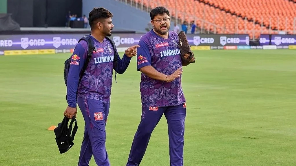 Sid Lahiri (right) in an animated chat with Sanju Samson
