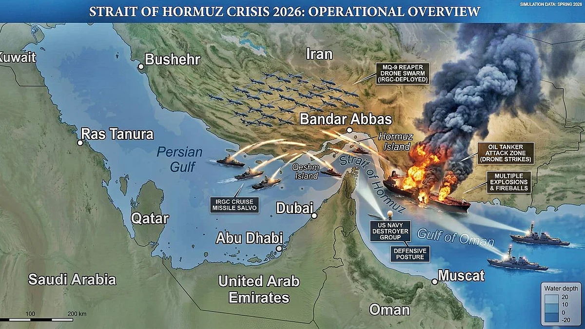 Map showing Iranian warships, missiles, and drones in the narrow chokepoint.
