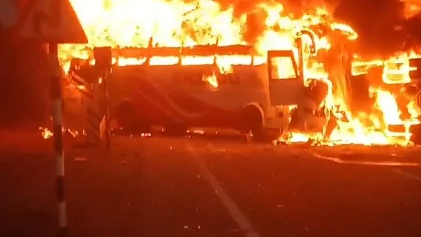 The bus caught fire following a crash with a gravel-laden tipper